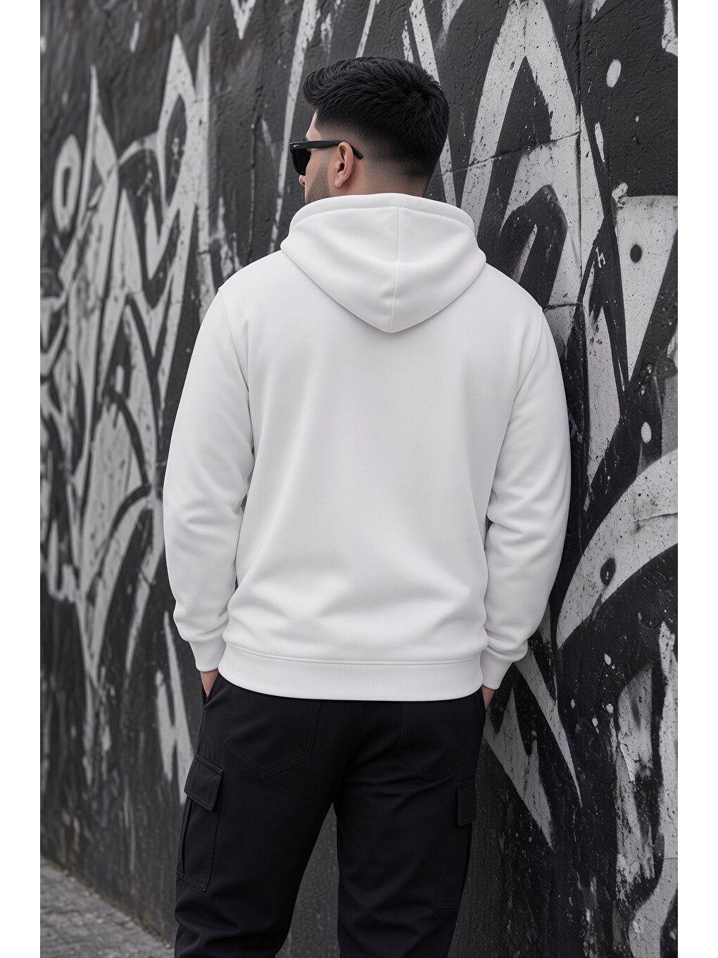 Beyaz Bery Büyük Beden Erkek Kapüşonlu Basic Sweatshirt İki İplik Şardonlu Kanguru Cepli-3