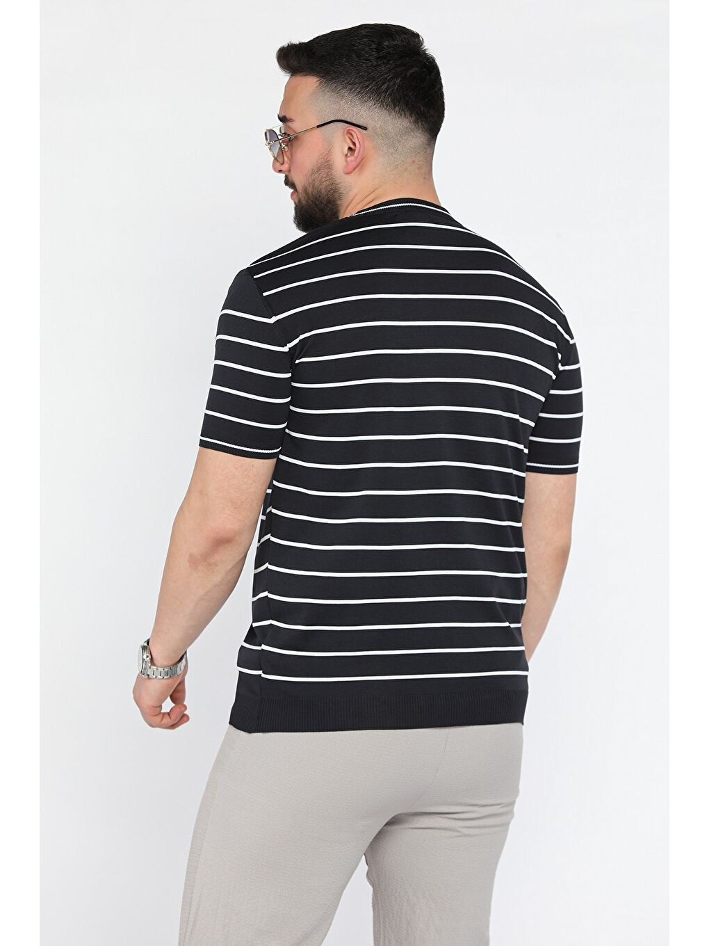 Lacivert Erkek Bisiklet Yaka Çizgili Triko Tişört-2