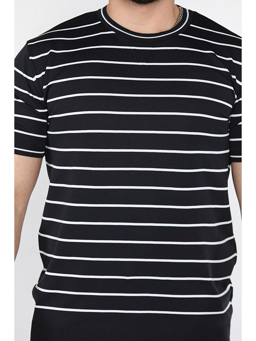 Lacivert Erkek Bisiklet Yaka Çizgili Triko Tişört-3