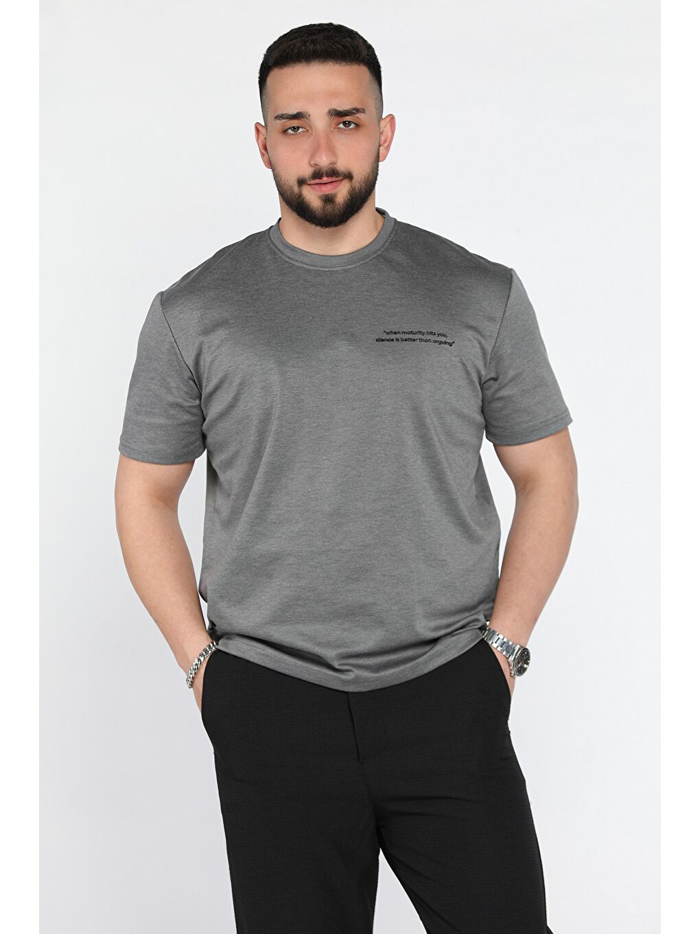 Gri Erkek Yazı Baskılı Tişört-1