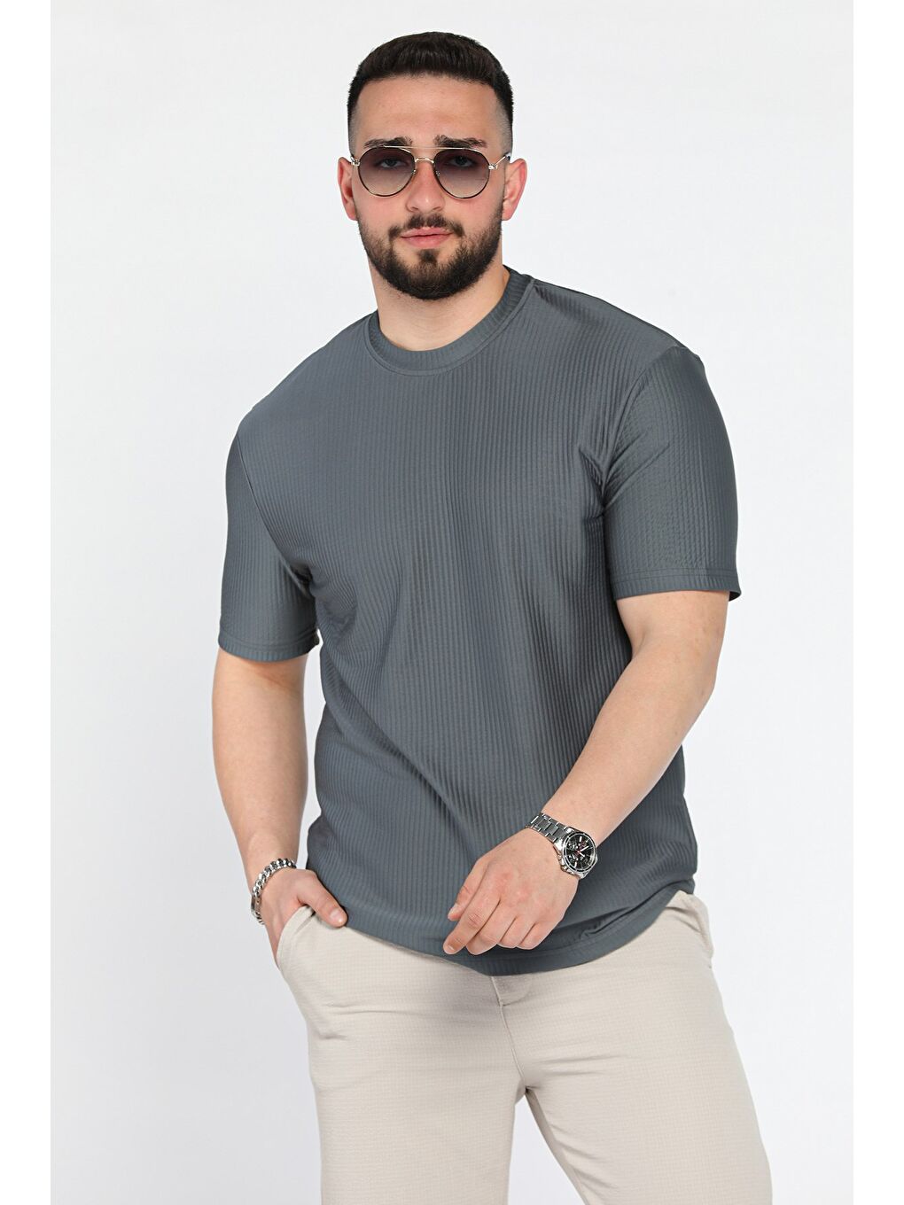 Petrol Kendinden Desenli Bisiklet Yaka Erkek Tişört