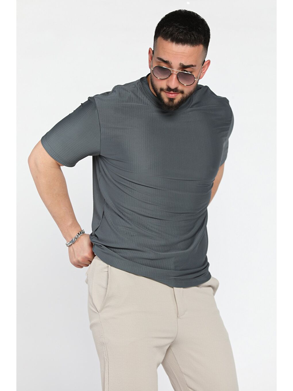 Petrol Kendinden Desenli Bisiklet Yaka Erkek Tişört-1