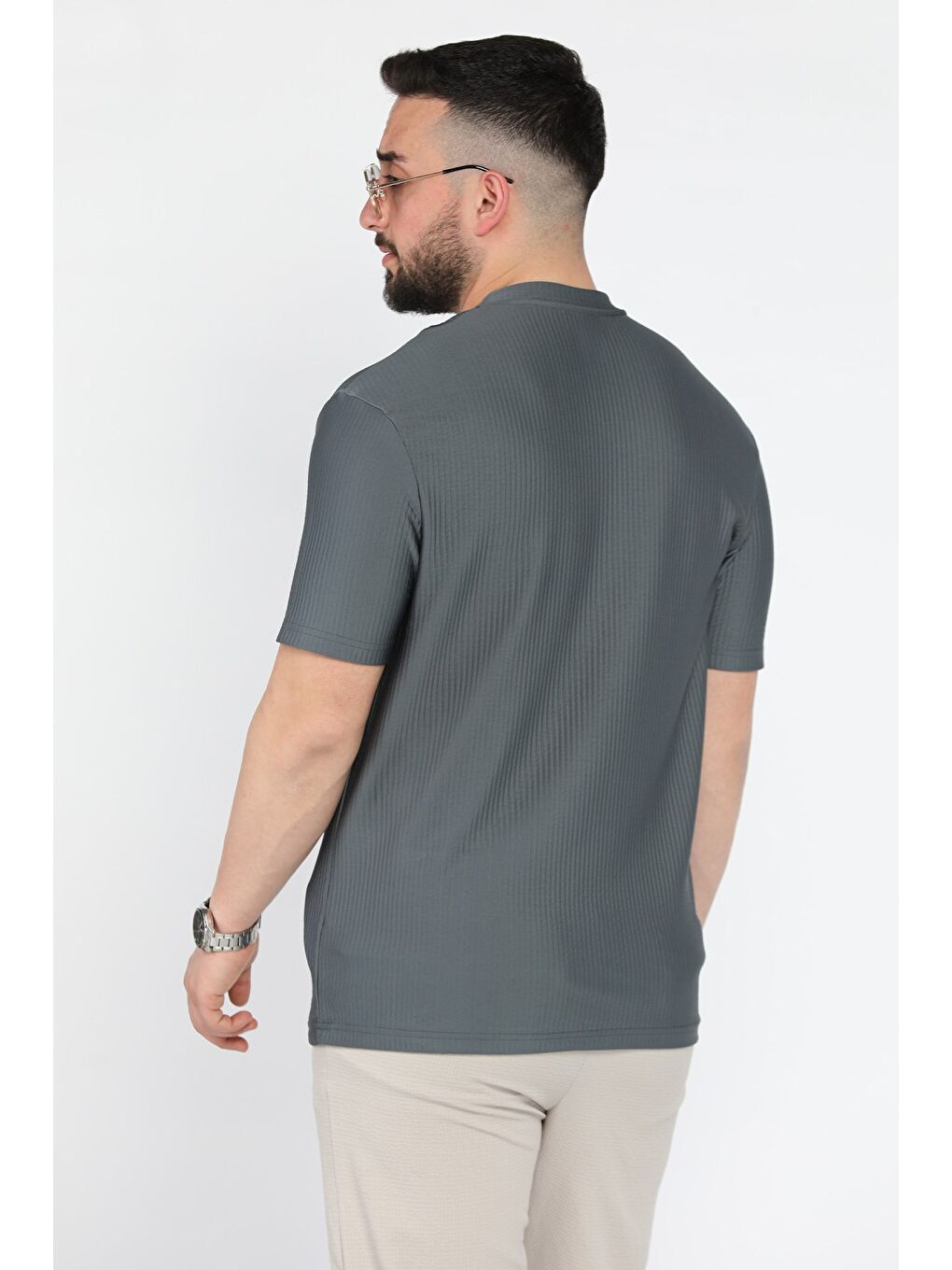 Petrol Kendinden Desenli Bisiklet Yaka Erkek Tişört-2