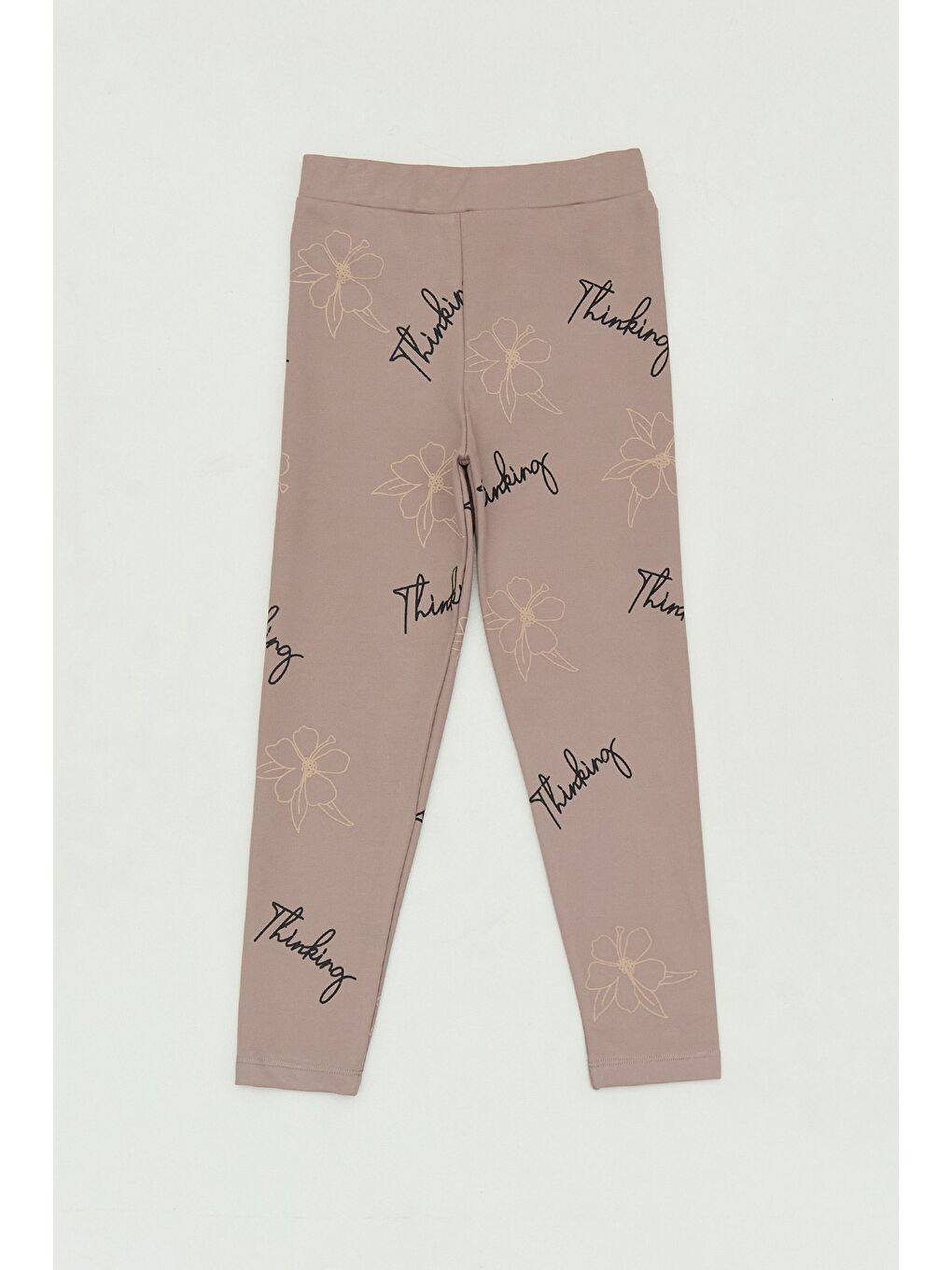 Kahverengi Çiçek Baskılı Beli Lastikli Kız Çocuk Tayt