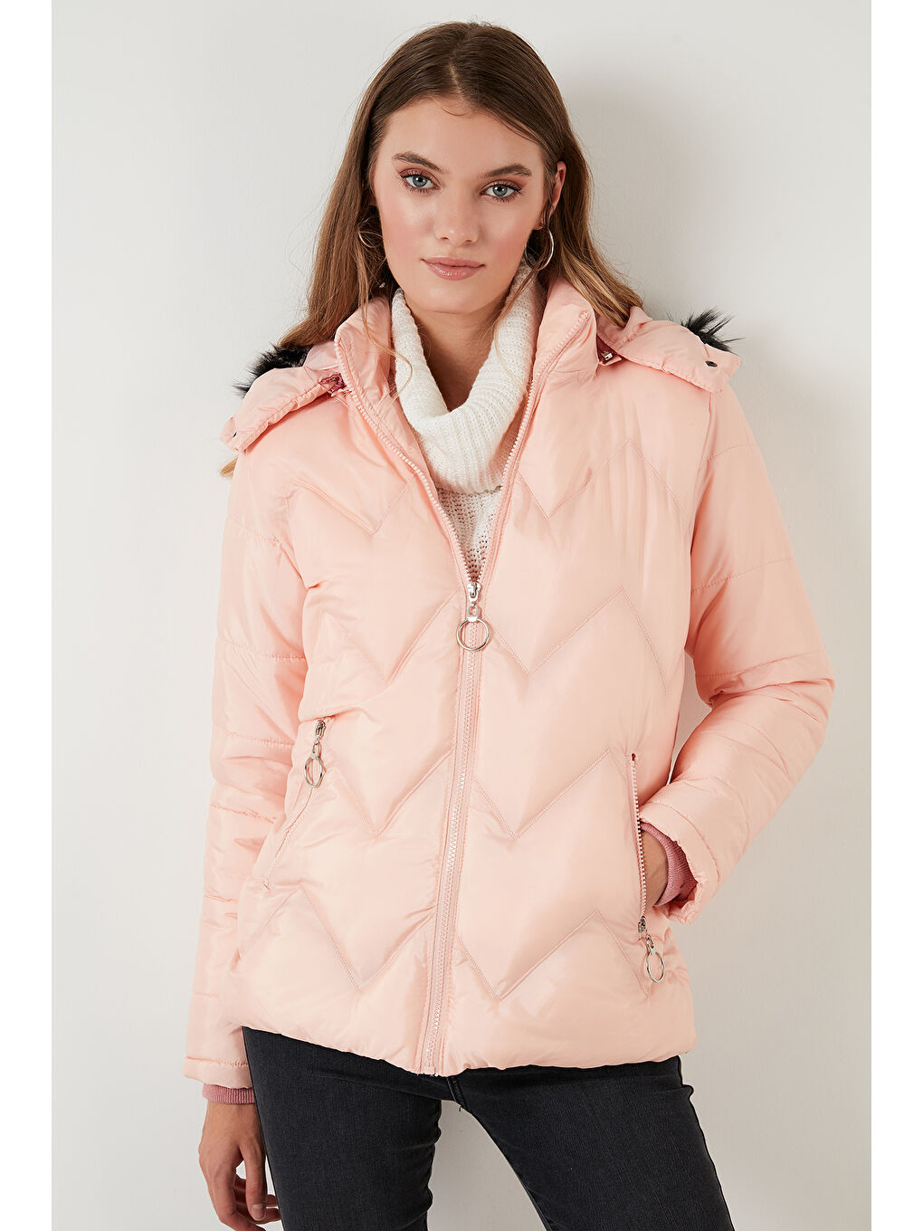 Pembe Tüylü Kapüşonlu Cepli Mont 5769009-4