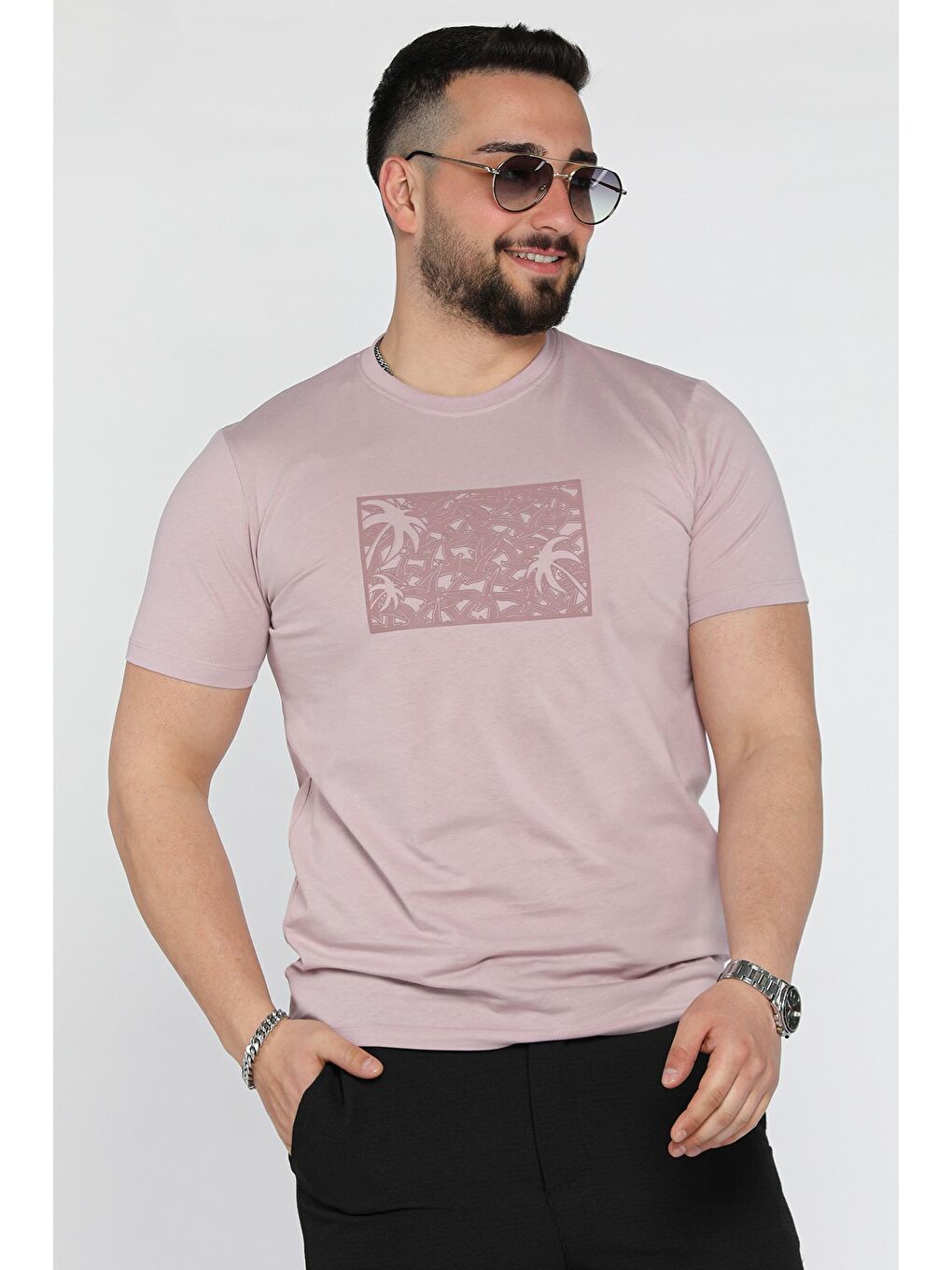Lila Erkek Bisiklet Yaka Baskılı Tişört