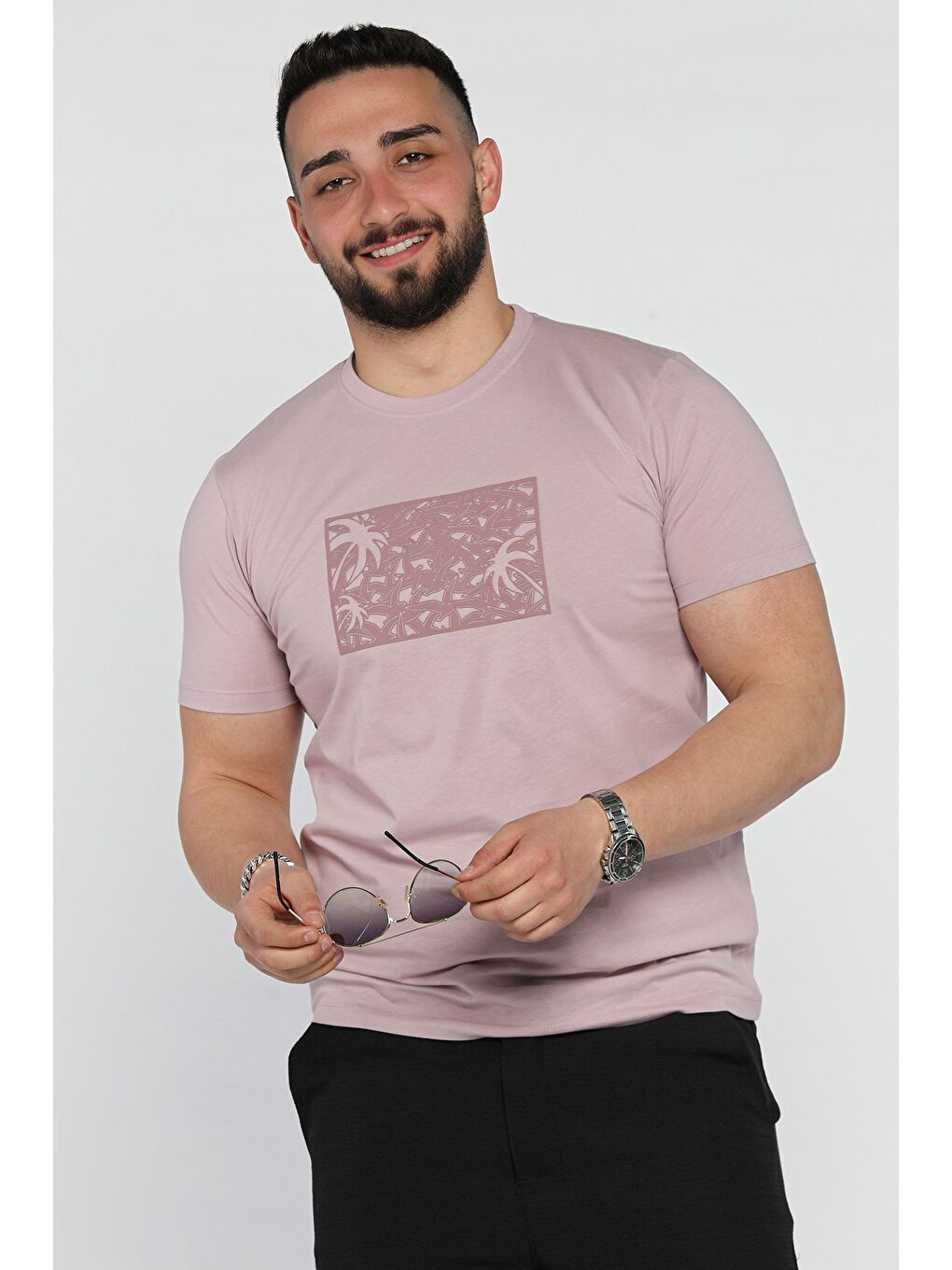 Lila Erkek Bisiklet Yaka Baskılı Tişört-1