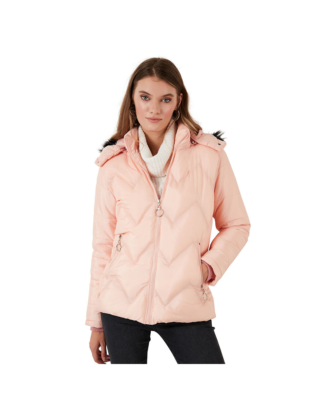 Pembe Tüylü Kapüşonlu Cepli Mont 5769009-7