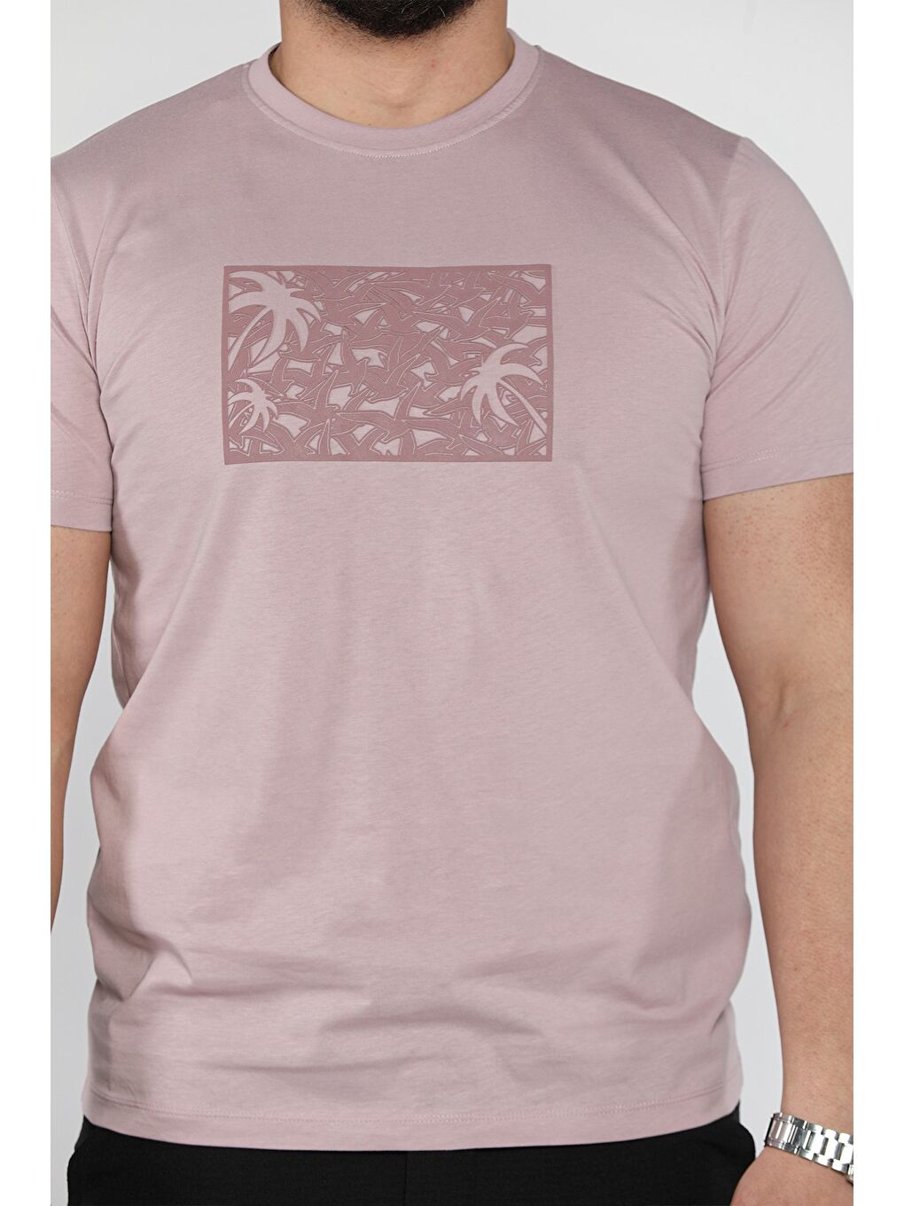 Lila Erkek Bisiklet Yaka Baskılı Tişört-3