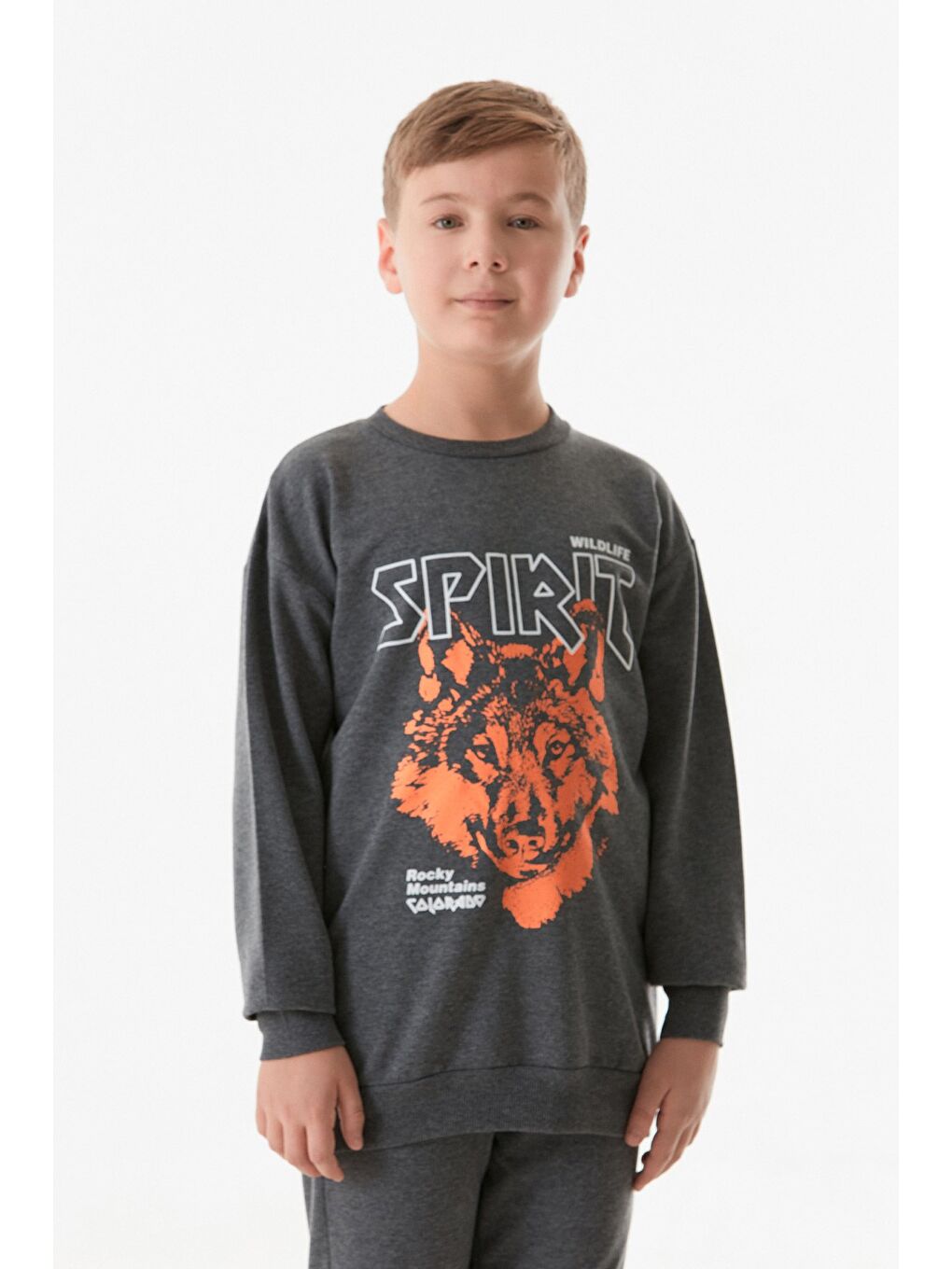 Antrasit Baskılı Bisiklet Yaka Jogger Erkek Çocuk Eşofman Takımı-2