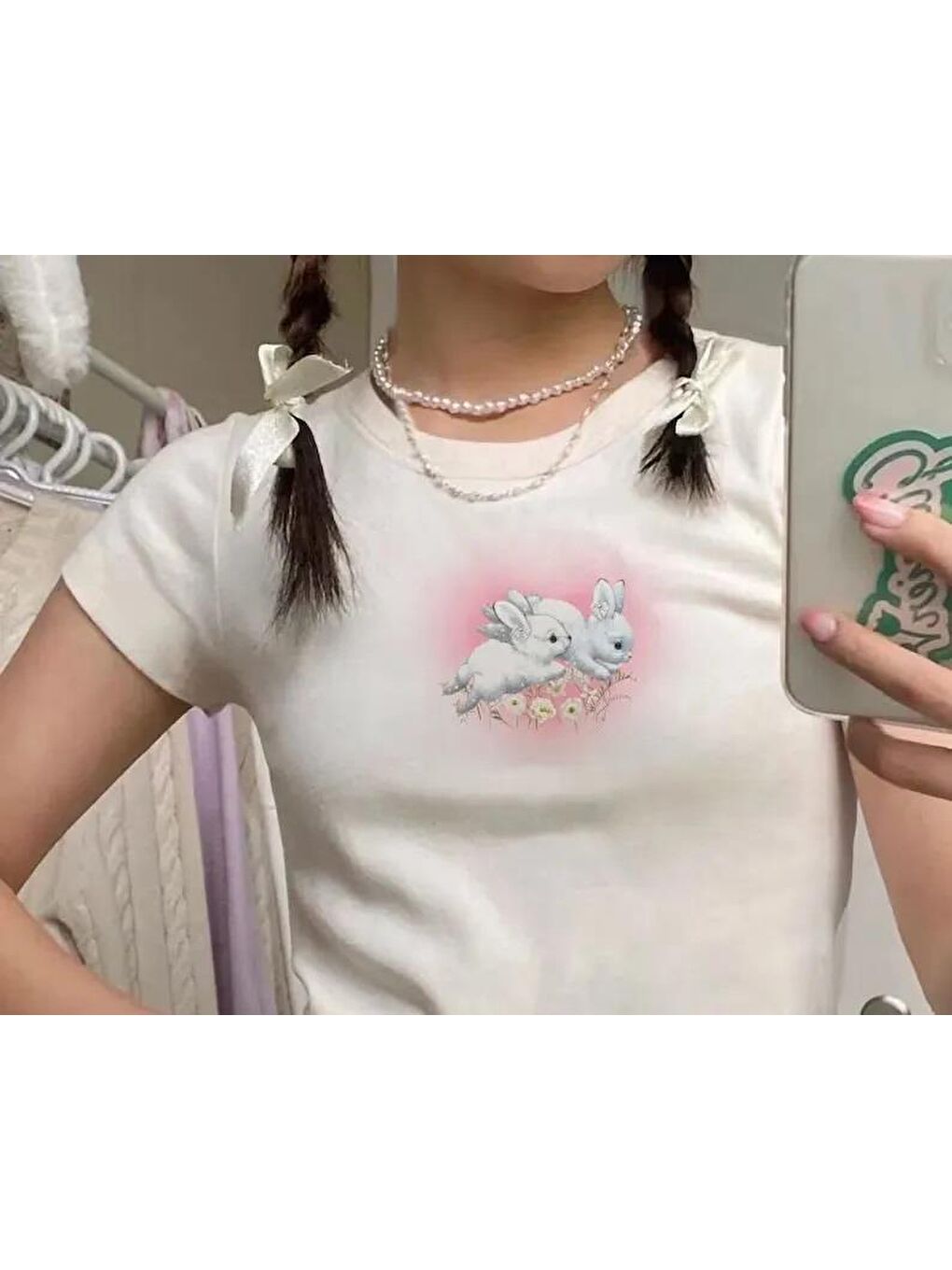 Touz Moda Beyaz Rabbits Heart Baskılı Beyaz Crop