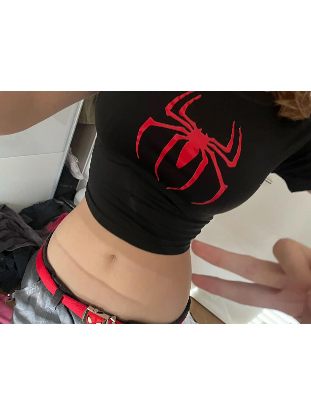 Touz Moda Siyah Y2k Spider Baskılı Siyah Crop - 1