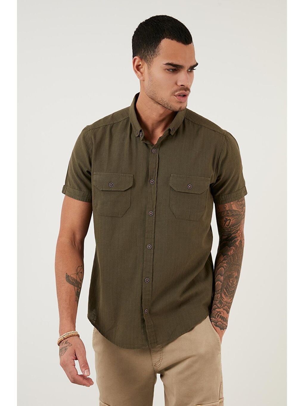 Petrol Düğmeli Yaka %100 Pamuk Cepli Gömlek CF21S111153-5