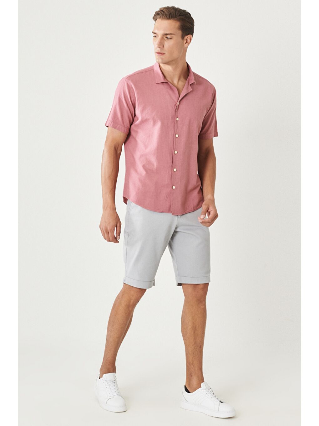 Erkek Bordo Comfort Fit Mono Yaka Kısa Kollu Düz Keten Gömlek-4