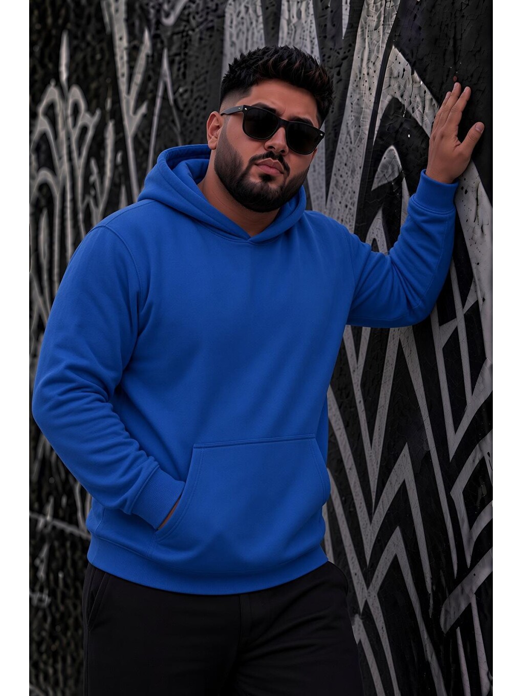 Mavi Bery Büyük Beden Erkek Kapüşonlu Basic Sweatshirt İki İplik Şardonlu Kanguru Cepli