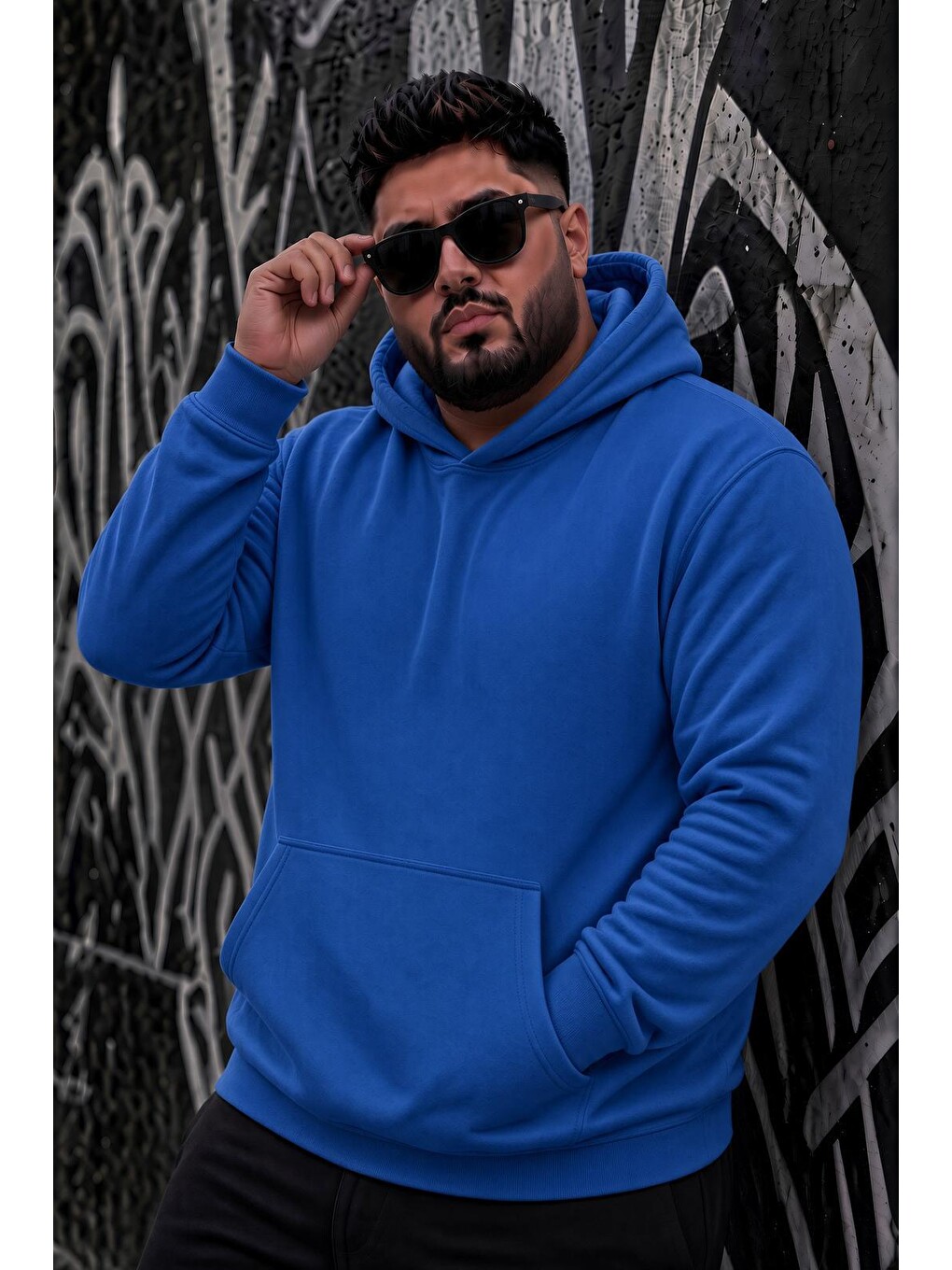 Mavi Bery Büyük Beden Erkek Kapüşonlu Basic Sweatshirt İki İplik Şardonlu Kanguru Cepli-1