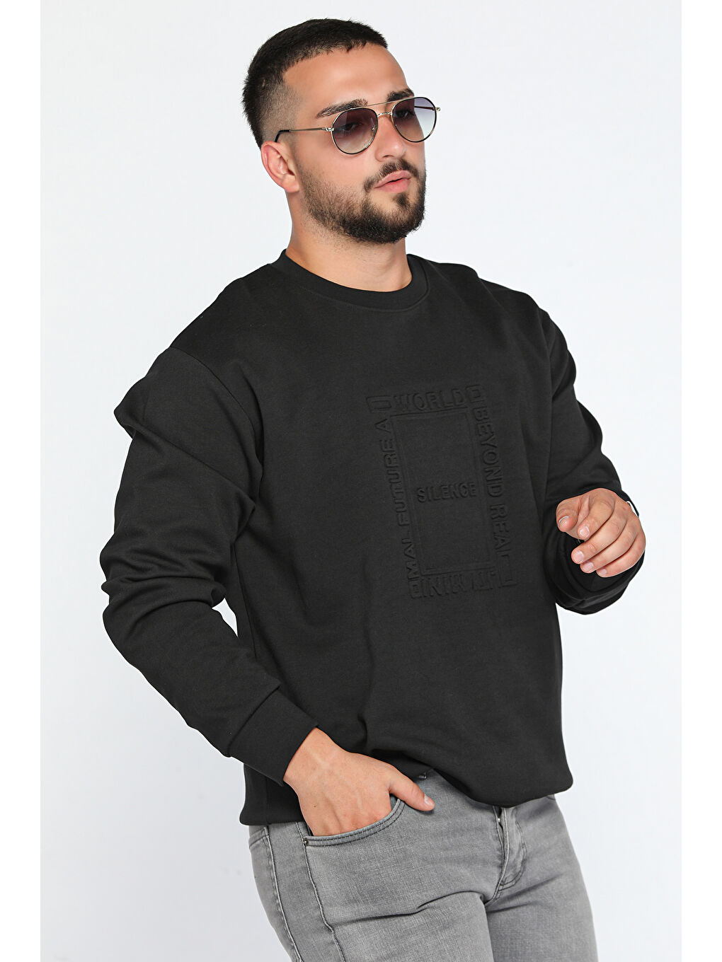 Mishar İtalia Siyah Erkek Bisiklet Yaka Kabartma Desen Yazılı Sweatshirt - 1