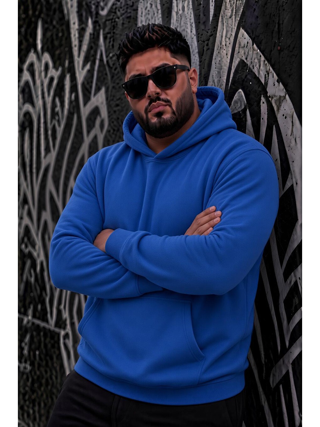 Mavi Bery Büyük Beden Erkek Kapüşonlu Basic Sweatshirt İki İplik Şardonlu Kanguru Cepli-2