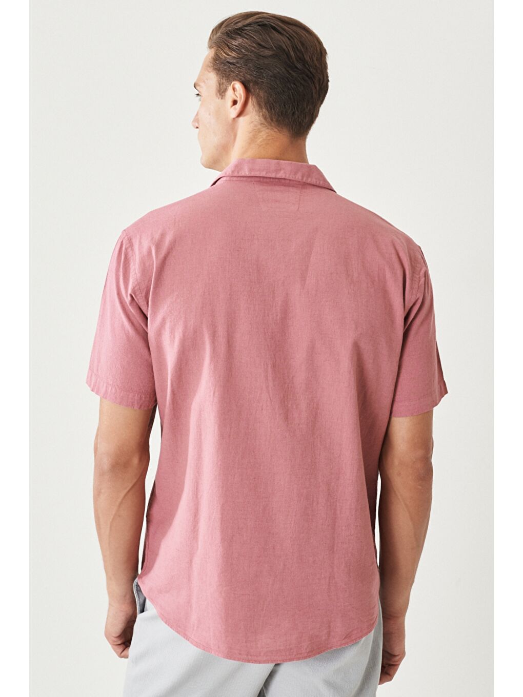 Erkek Bordo Comfort Fit Mono Yaka Kısa Kollu Düz Keten Gömlek-6