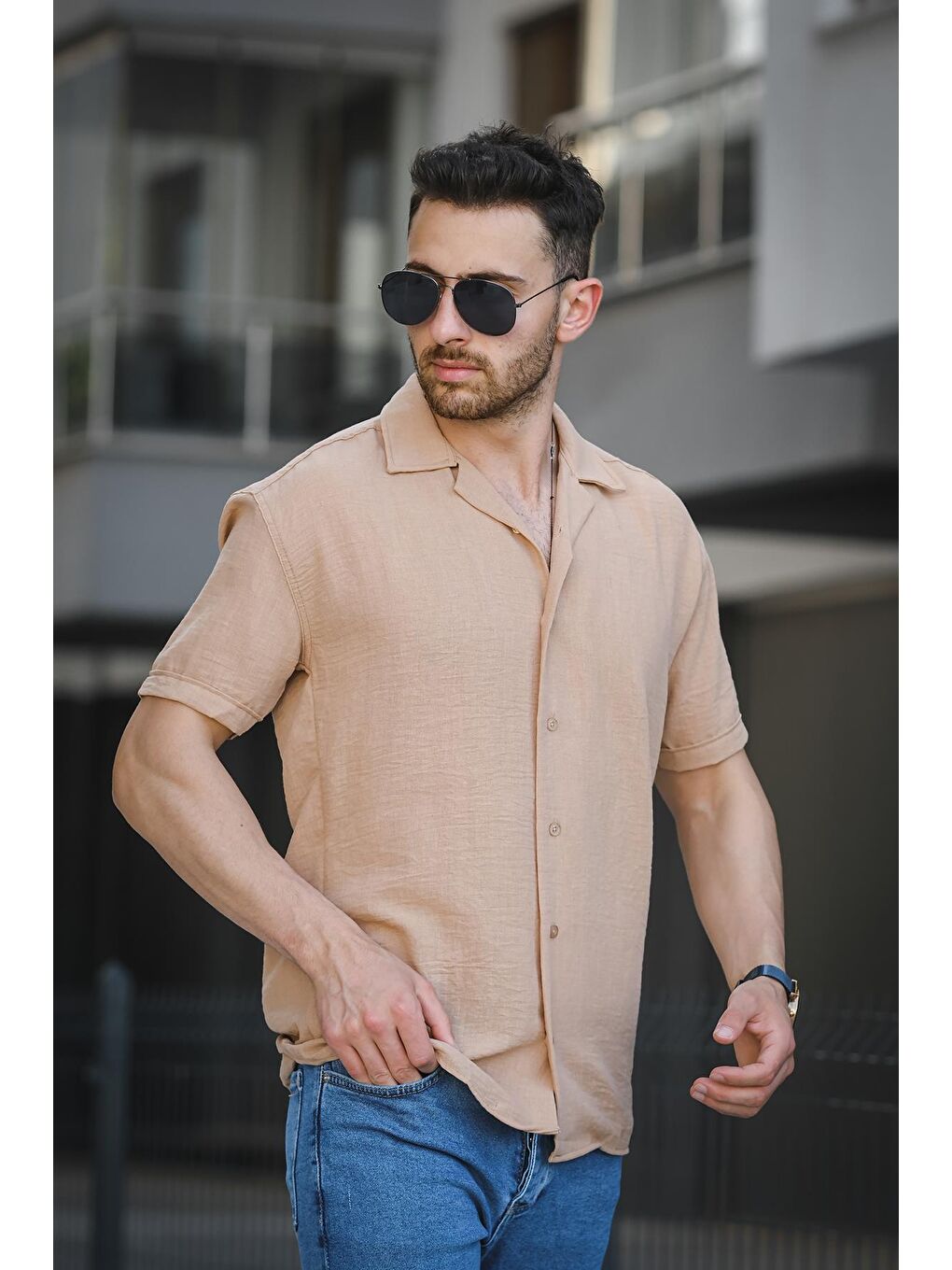 Kahverengi Slim Kısa Kol Apaç Yaka Erkek Gömlek-2
