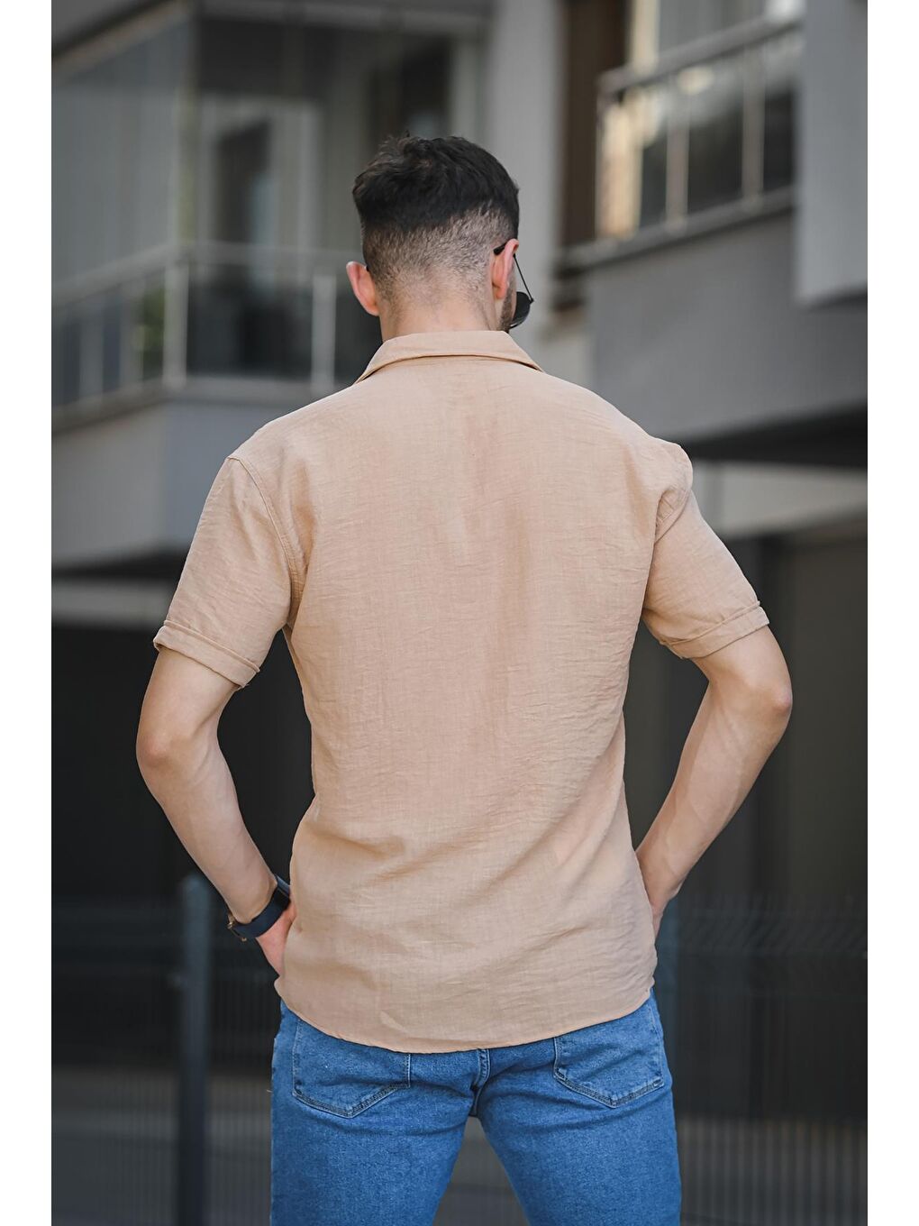 Kahverengi Slim Kısa Kol Apaç Yaka Erkek Gömlek-3