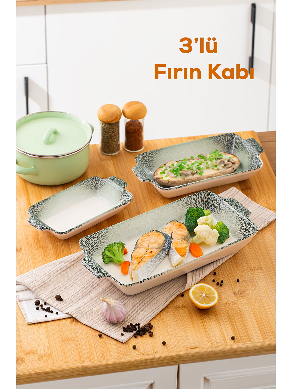 Beyaz 082 Dikdörtgen 3'lü Fırın Kabı Servis Kabı Oval Sunumluk Tepsi ,Çerezlik Tabak Yeşil