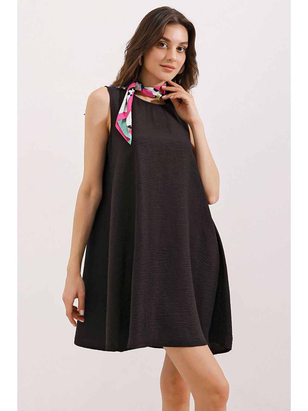 2444 Mini Keten Elbise - Siyah