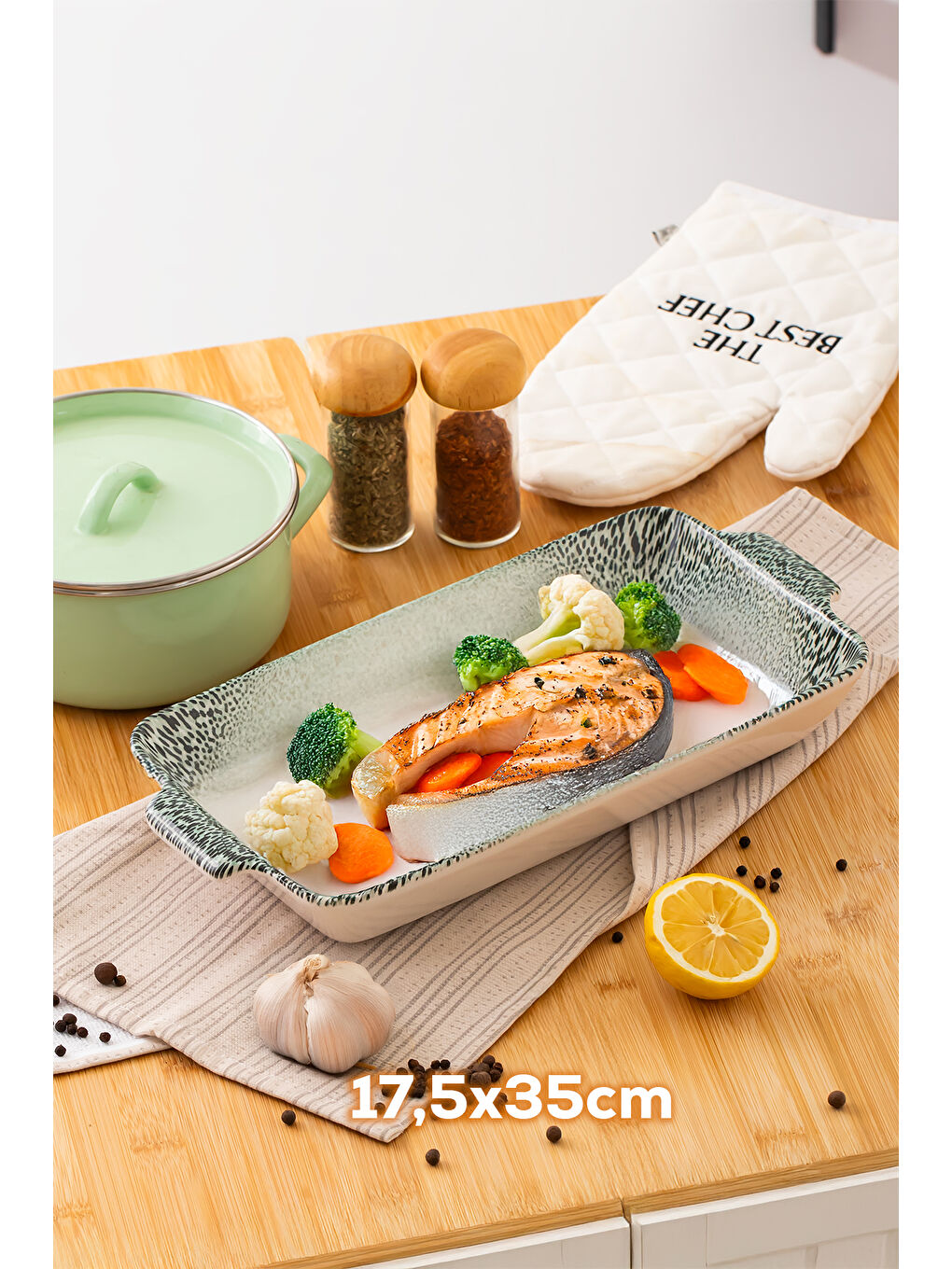 Beyaz 082 Dikdörtgen 3'lü Fırın Kabı Servis Kabı Oval Sunumluk Tepsi ,Çerezlik Tabak Yeşil-1