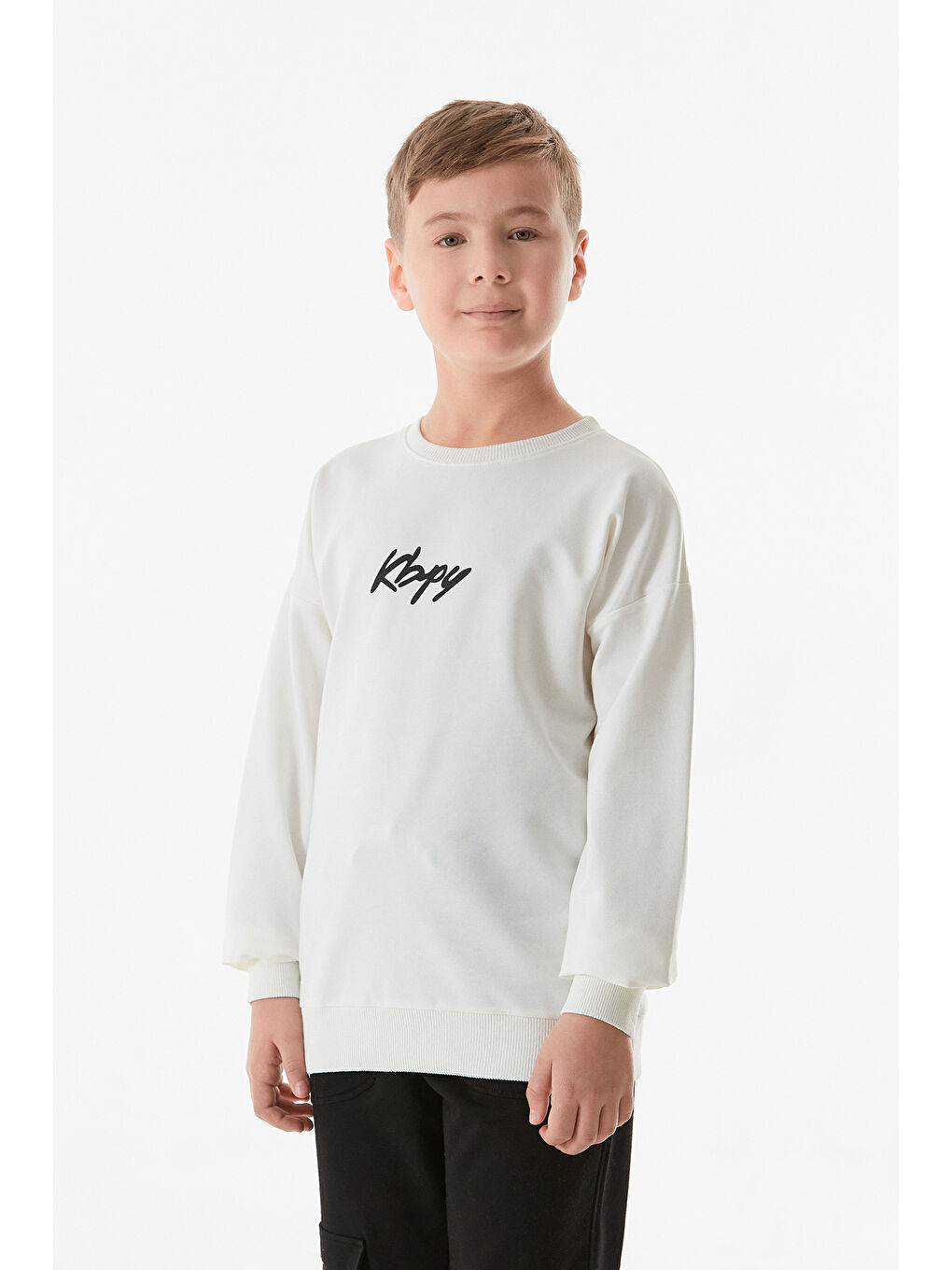 Ekru Önü Ve Arkası KBPY Baskılı Bisiklet Yaka Erkek Çocuk Sweatshirt-3