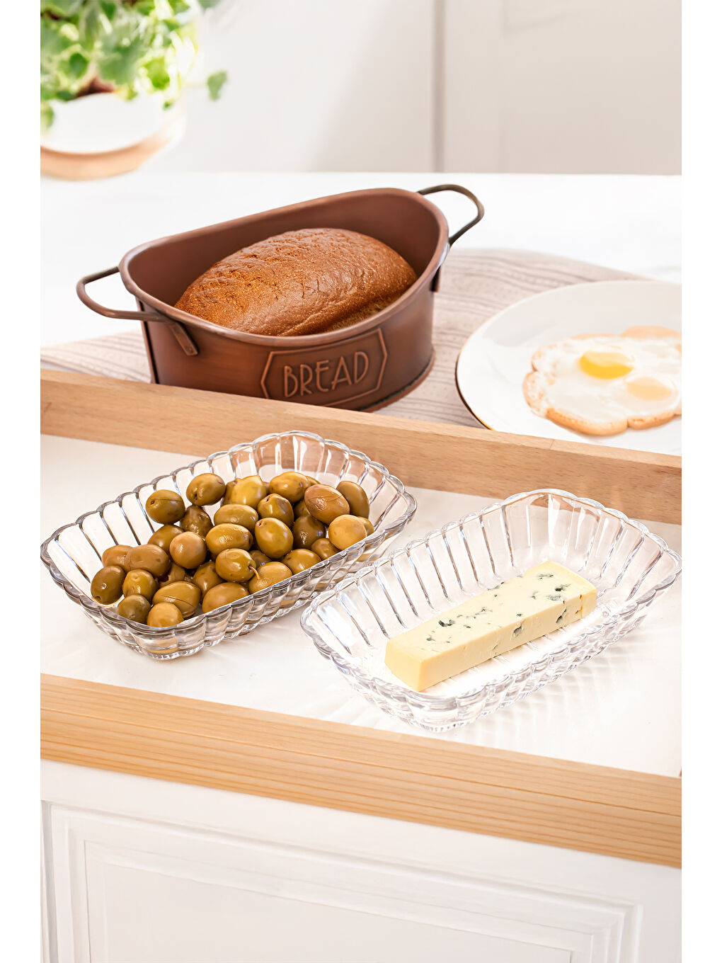 Renksiz 0126 Maral 2'li Cam Kahvaltılık Tabak Seti - Zeytin Peynir Sunumluk 18x11,5 cm-1