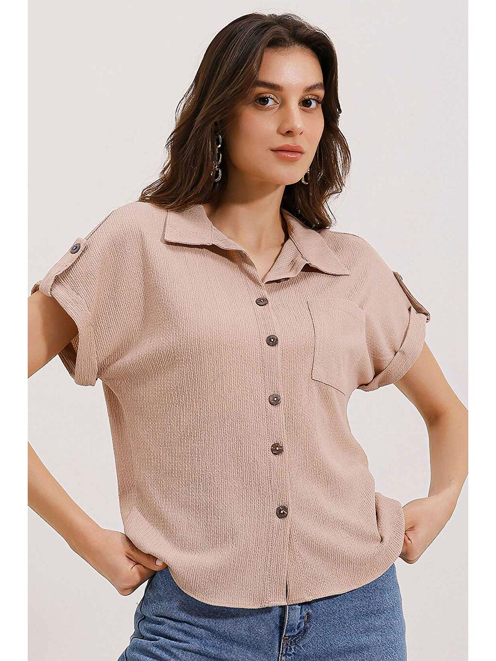 Bej 20187 Kısa Kol Oversize Örme Gömlek - Bisküvi