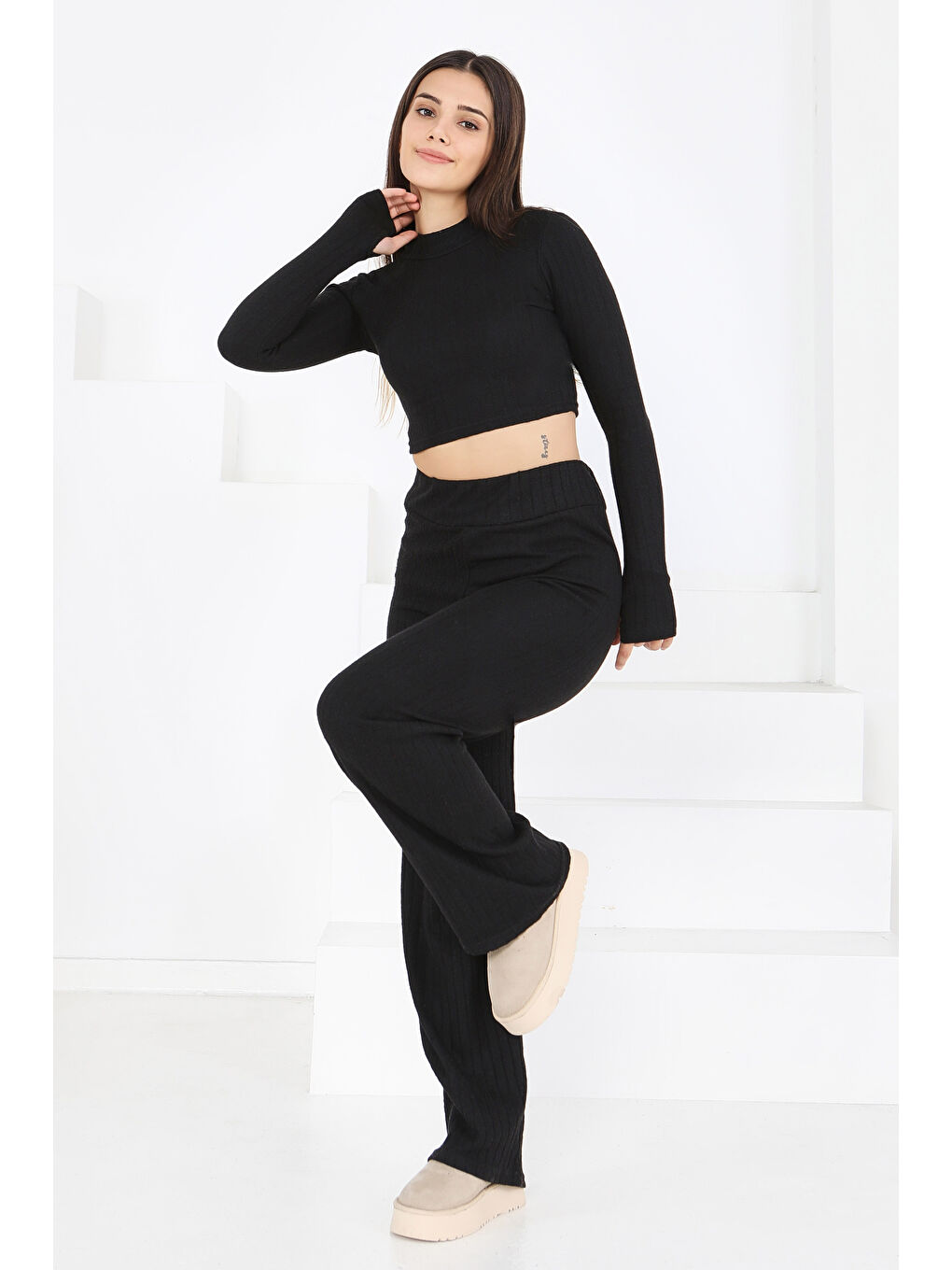 Parmak Geçmeli Kaşkorse İkili Takım Siyah - 27820-SIYAH-2