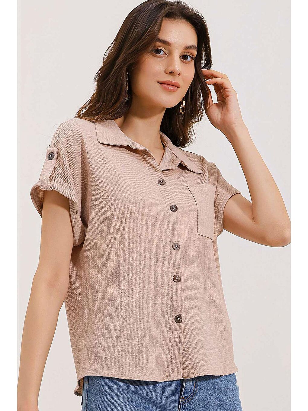 Bej 20187 Kısa Kol Oversize Örme Gömlek - Bisküvi-1