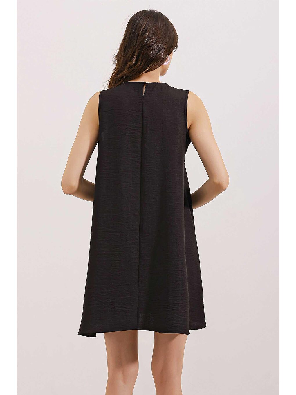 2444 Mini Keten Elbise - Siyah-3