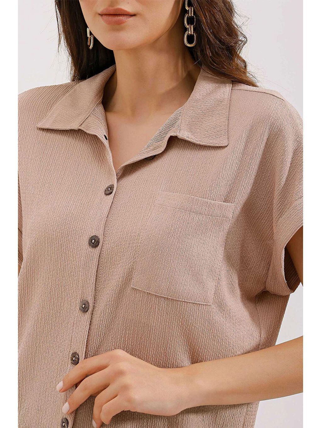 Bej 20187 Kısa Kol Oversize Örme Gömlek - Bisküvi-2