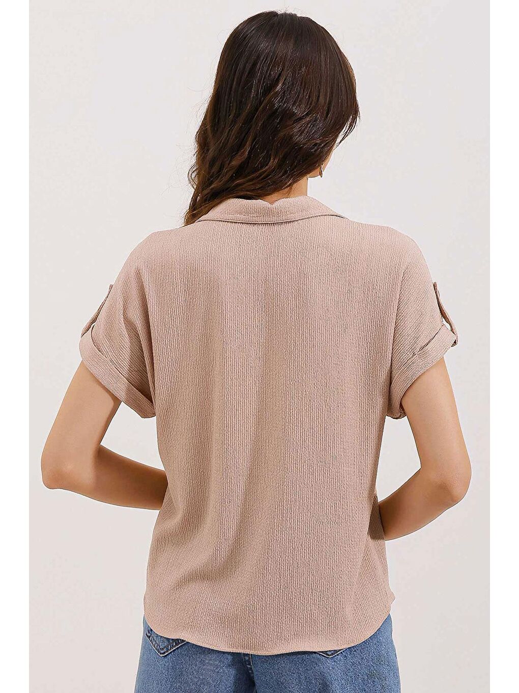 Bej 20187 Kısa Kol Oversize Örme Gömlek - Bisküvi-3