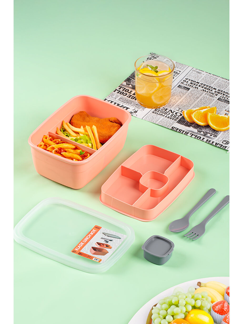 Yeşil 3199 Vakumlu Kendinden Kaşık Çatallı Sosluklu Bölmeli 2 Katlı Lunch Box-Sefer Tası-1