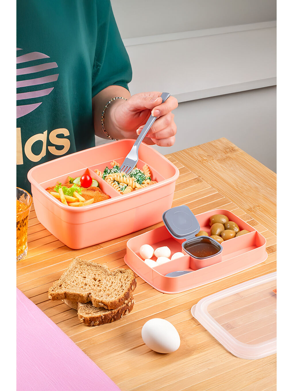 Yeşil 3199 Vakumlu Kendinden Kaşık Çatallı Sosluklu Bölmeli 2 Katlı Lunch Box-Sefer Tası-2