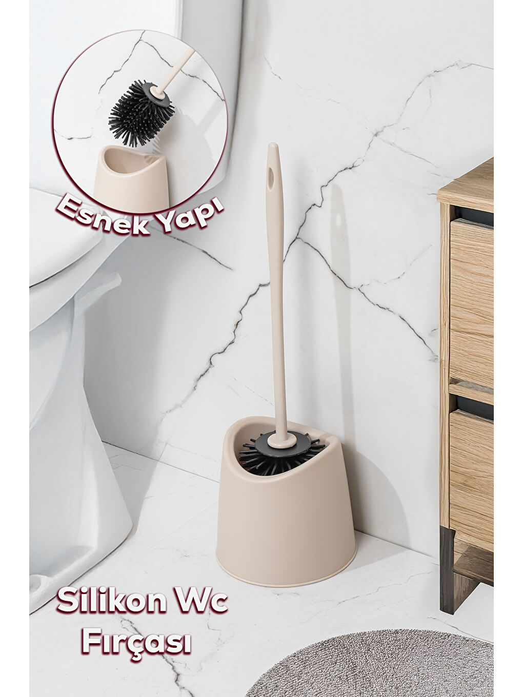 Ekru SB-776 Silikon Wc Tuvalet Banyo Lavabo Fırçası Klozet Temizleme Fırçası Krem