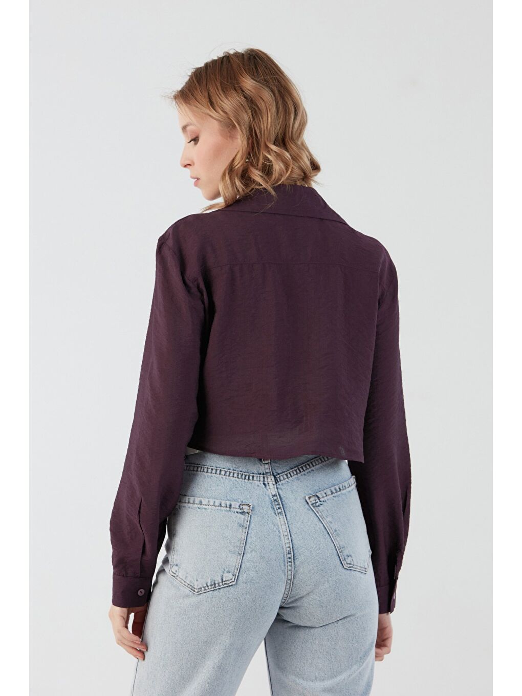 Mürdüm Önü Düğümlü Cepli Crop Gömlek-2