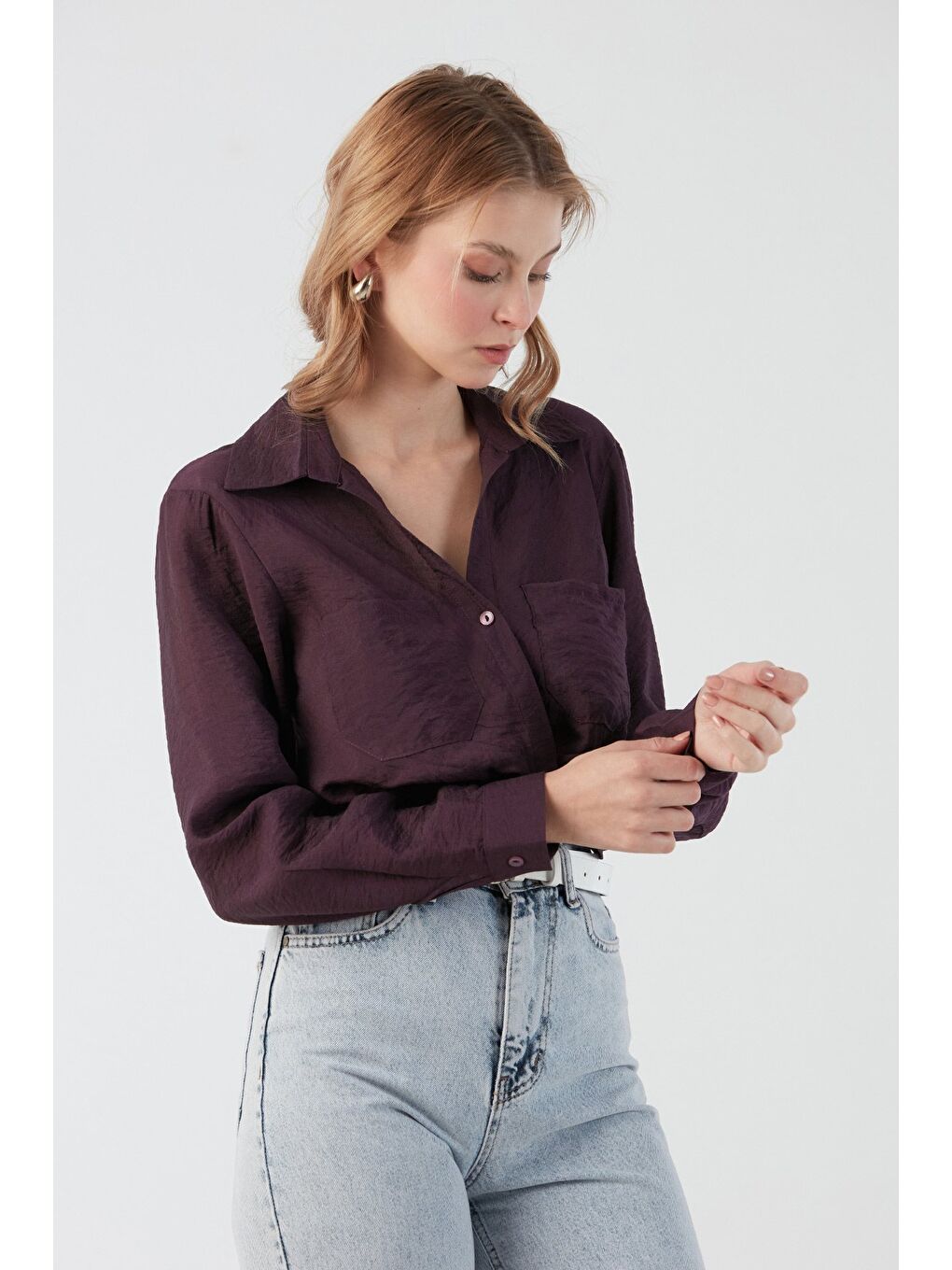 Mürdüm Önü Düğümlü Cepli Crop Gömlek-3