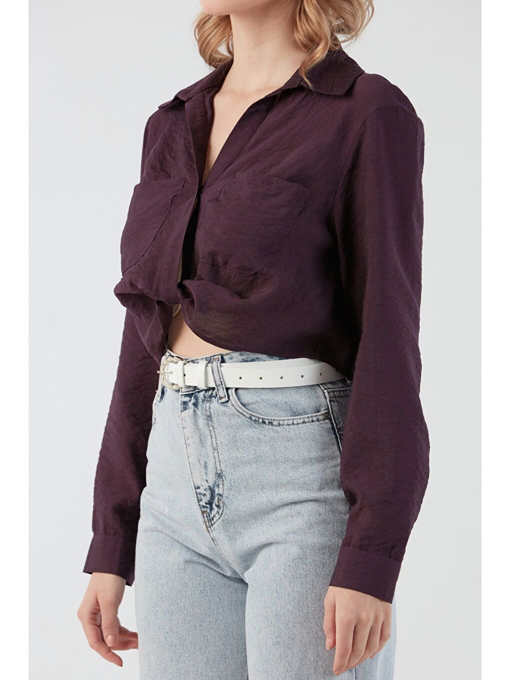 Mürdüm Önü Düğümlü Cepli Crop Gömlek-4