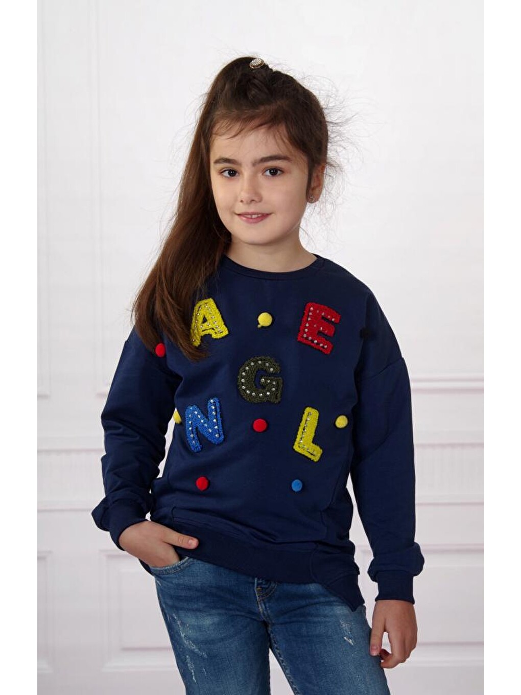 Lacivert Kız Çocuk Sweatshirt Renkli Angel Nakışlı