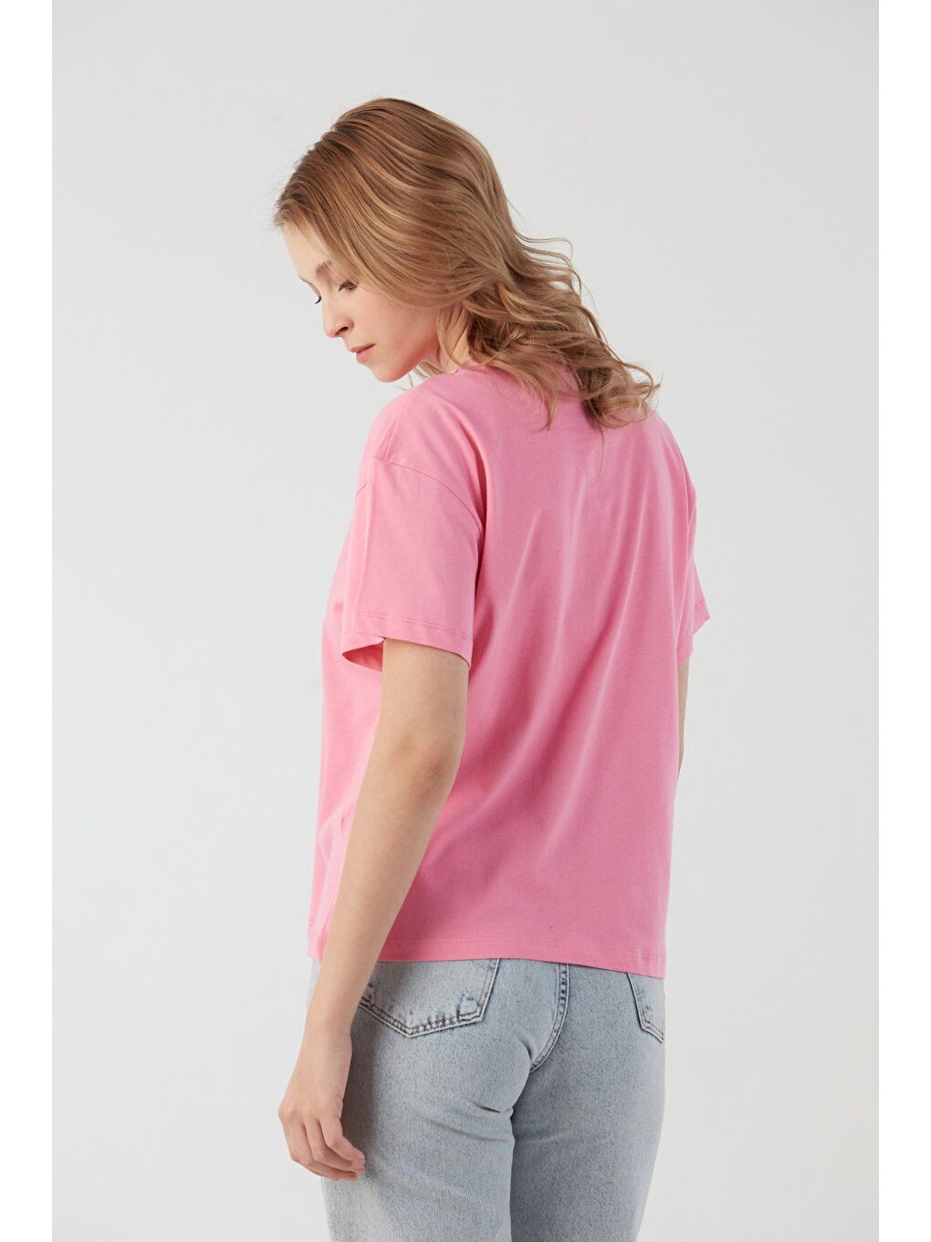 Pembe Yazı Baskılı Bisiklet Yaka Tişört-2