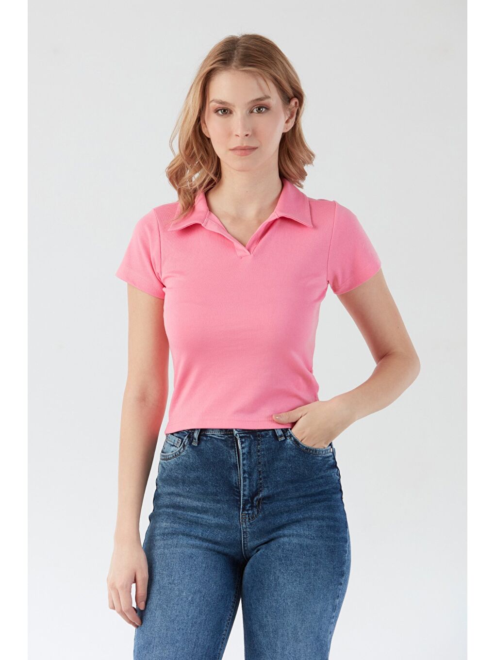 Pembe Basic Polo Yaka Tişört