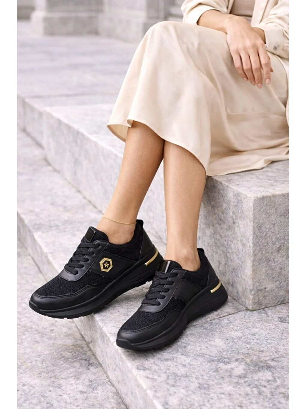 Siyah Dantel Detaylı Trend 5 Cm Platform Yüksek Taban Kadın Sneaker Spor Ayakkabı-5