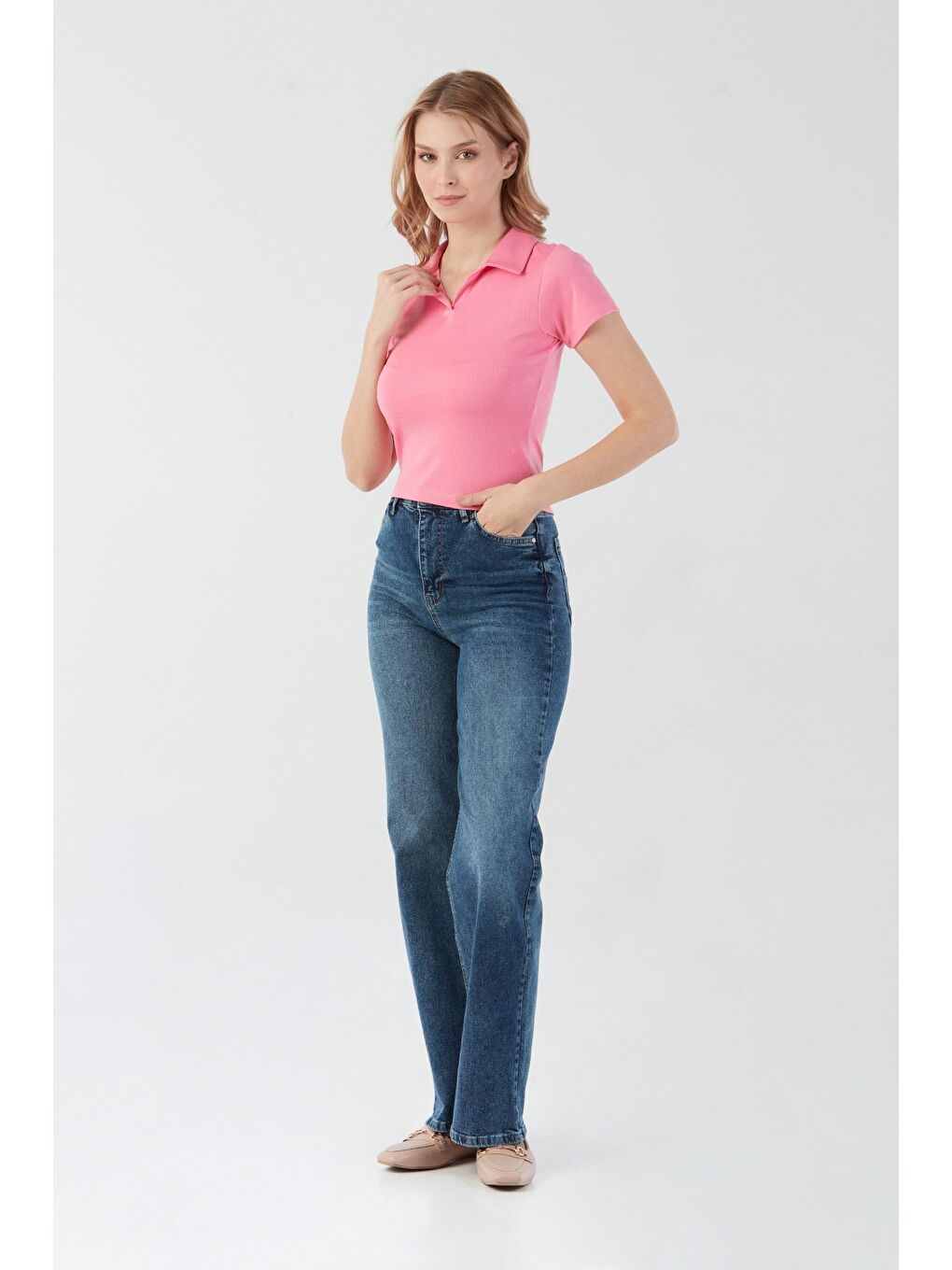 Pembe Basic Polo Yaka Tişört-1