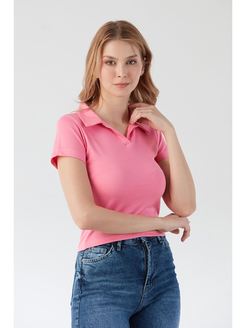 Pembe Basic Polo Yaka Tişört-3