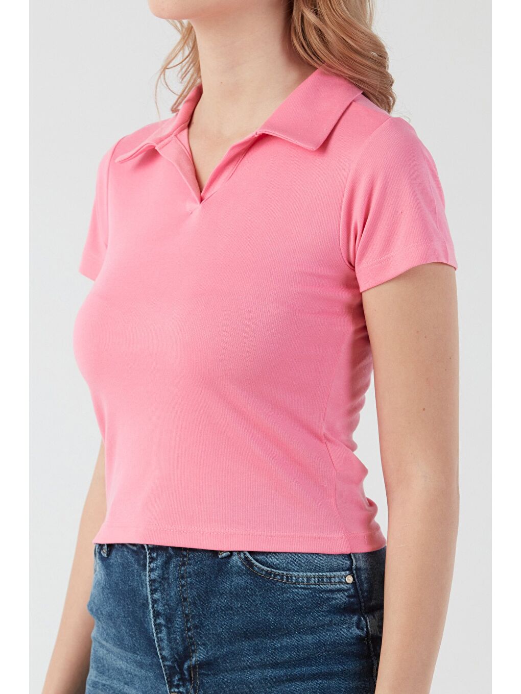 Pembe Basic Polo Yaka Tişört-4