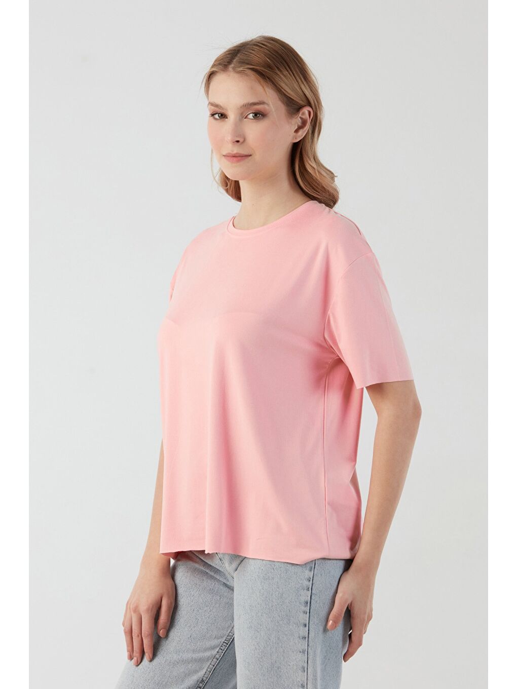 Pembe Basic Bisiklet Yaka Oversize Modal Tişört-1